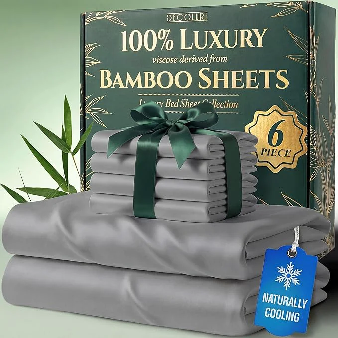 Breathable DECOLURE Viscose Derived from Bamboo Sheets Queen Size – Luxury 6 Pc Naturally Cooling Sheets Ultra Soft Bed Set – Deep 17 quot Pockets Durable Double Stitching Oeko Tex Standard Light Grey Official