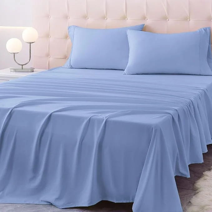Stylish King Size Bed Sheet Set – 4 Piece Soft Microfiber Sheets with Deep Pockets Cooling Technology and Wrinkle- Pillowcase. Hotel-Quality Durable Bedding Chambray Blue Practical