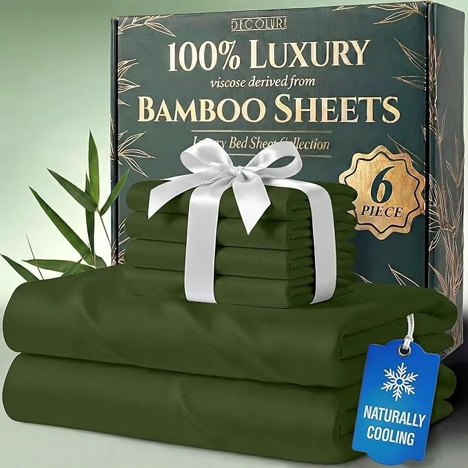 Efficient DECOLURE Viscose Derived from Bamboo Sheets California King Size – Luxury 6 Pc Naturally Cooling Sheets Ultra Soft Bed Set – Deep 17 quot Pockets Double Stitching Oeko Tex Standard Olive Optimized