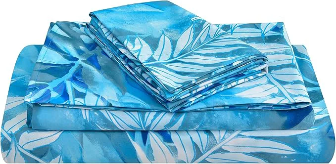 Clean JSD Blue Tropical Leaves Print Sheet Set King 4 Piece Soft Botanical Microfiber Bed Sheets Extra Deep Pocket Convenient