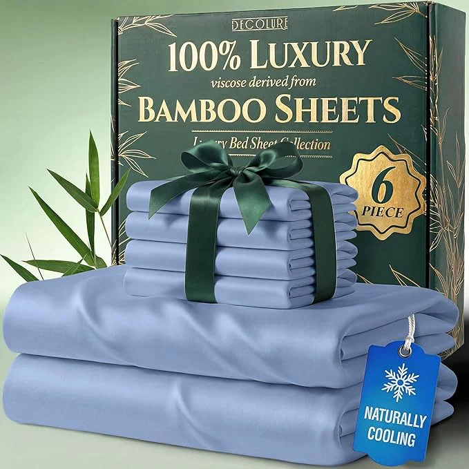 Dependable DECOLURE Viscose Derived from Bamboo Sheets Queen Size – Luxury 6 Pc Naturally Cooling Sheets Ultra Soft Bed Set – Deep 17 quot Pockets Durable Double Stitching Oeko Tex Standard Light Blue Optimized