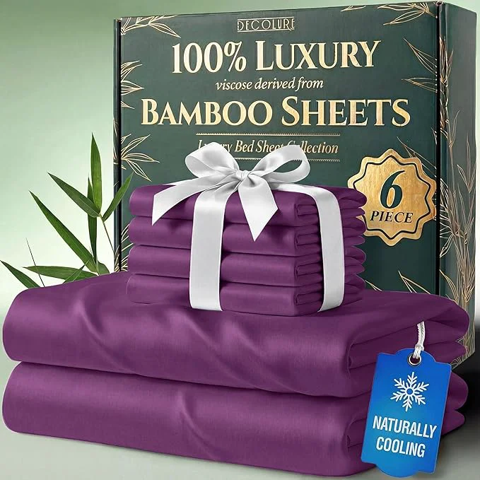 Casual DECOLURE Viscose Derived from Bamboo Sheets California King Size – Luxury 6 Pc Naturally Cooling Sheets Ultra Soft Bed Set – Deep 17 quot Pockets Double Stitching Oeko Tex Standard Purple