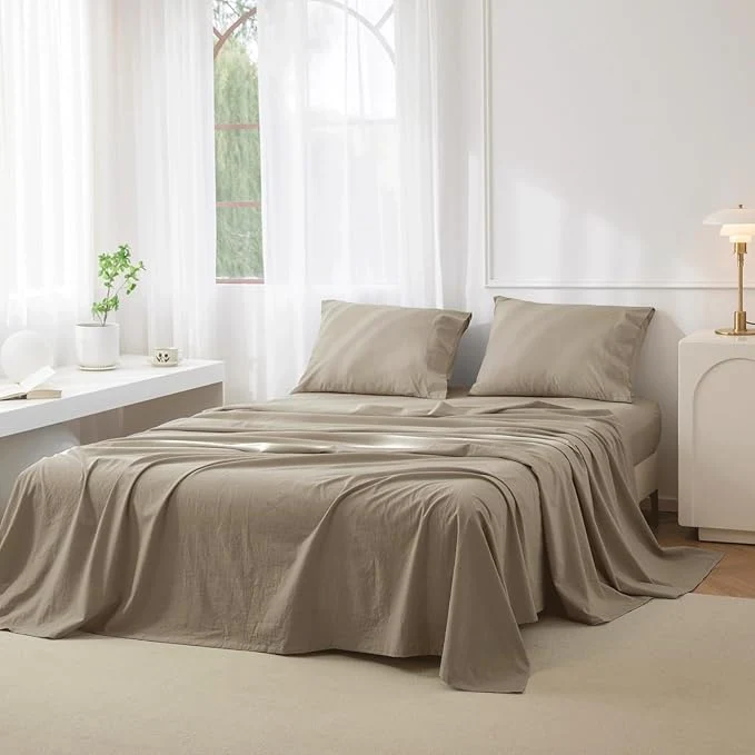 Professional JIYUAN King Size Sheet Set 4-Piece – Washed Cotton Linen-Like Soft amp Breathable Includes Deep Pocket Fitted amp Flat Sheet with 2 Pillowcases Hotel Quality Solid Khaki Optimized