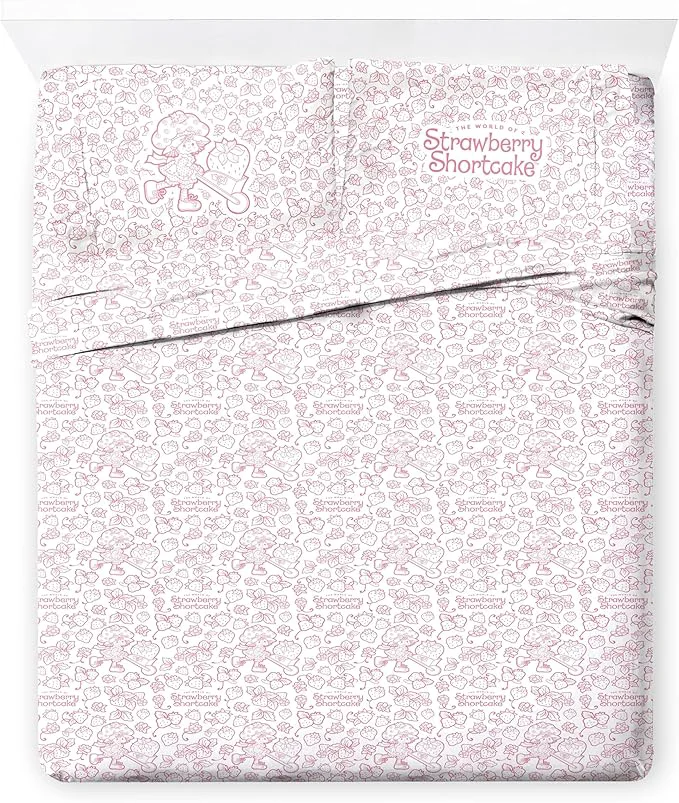 Professional Jay Franco Kids Sheet Set with Fitted Flat Sheets amp Pillow Cover – Ultra-Soft Bedding with Pillowcase for Room Decor Pink – Strawberry Shortcake 4 Piece Queen Elegant