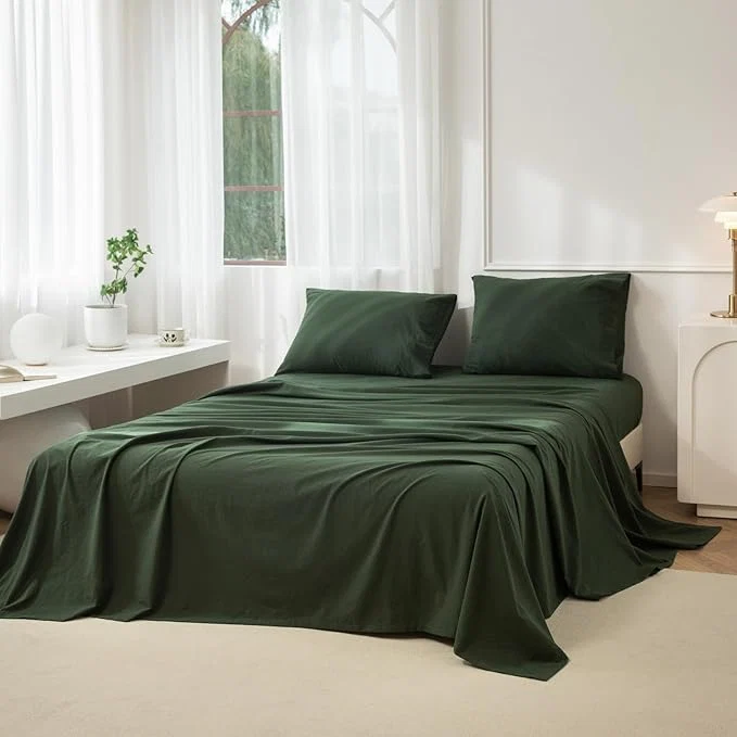 Casual JIYUAN California King Size Sheet Set 4-Piece – Washed Cotton Linen-Like Soft amp Breathable Includes Deep Pocket Fitted amp Flat Sheet with 2 Pillowcases Hotel Quality Solid Forest Green Top-Quality
