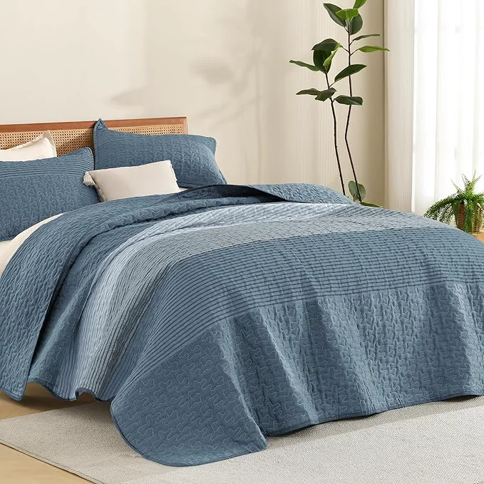 Original Litanika Oversized King Quilt Set Blue Linen 128×120 Stripe Bedspread Coverlet Trendy