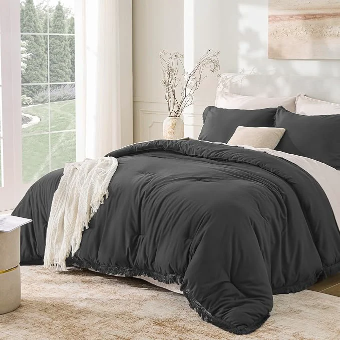 Elegant Andency Queen Comforter Set Dark Grey 3 Pieces Boho Tassel Lightweight Bedding Smart