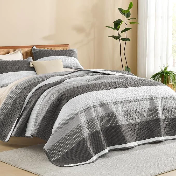 Authentic Litanika Oversized King Quilt Set Dark Grey 120×120 Stripe Bedspread Coverlet Modern