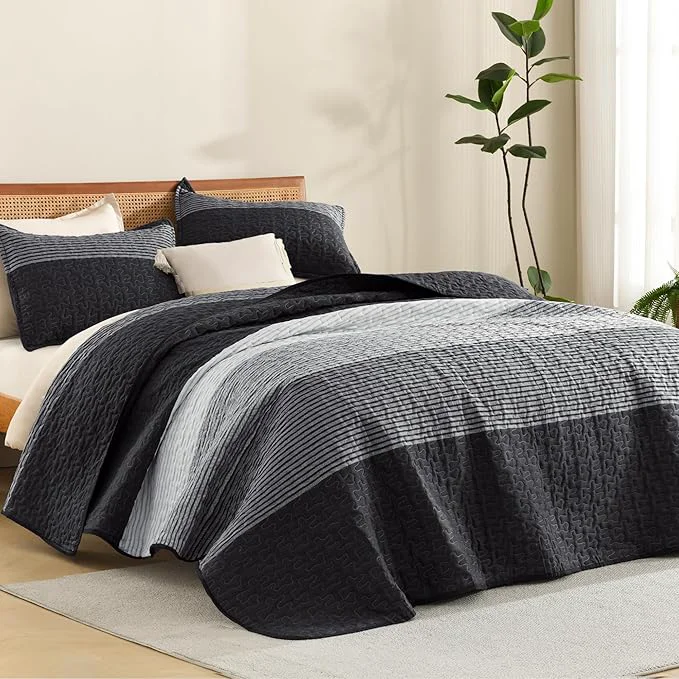 Smooth Litanika Quilt King Size Black Soft Lightweight Polyester Comforter Bedding Set Effective