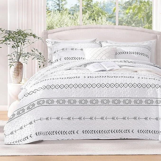 Luxury Andency White California King Quilt Set 3 Pieces Boho Lightweight Soft Striped Next-Generation