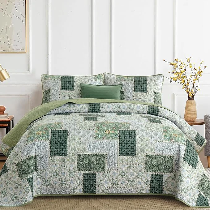 Expertly Made Xruibed Patchwork Quilt Set King Size 3 Pieces Plaid Floral Bedspread Coverlet High-End