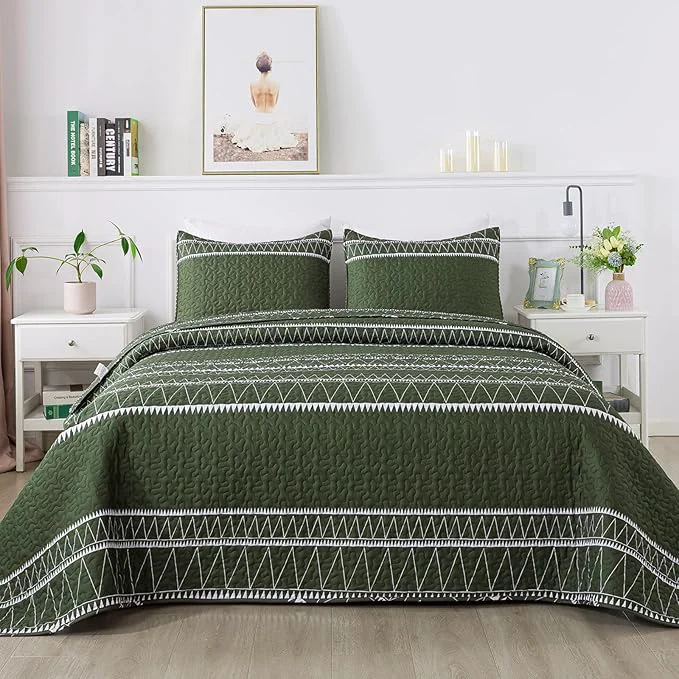 Premium Andency Green King Size Quilt Set 3 Pieces Boho Lightweight Soft Striped Fine