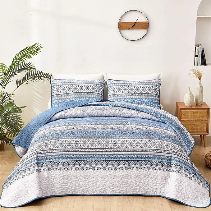 Fast WONGS BEDDING Boho Queen Quilt Set Light Blue Bohemian Queen Quilt Bedding Set Elegant
