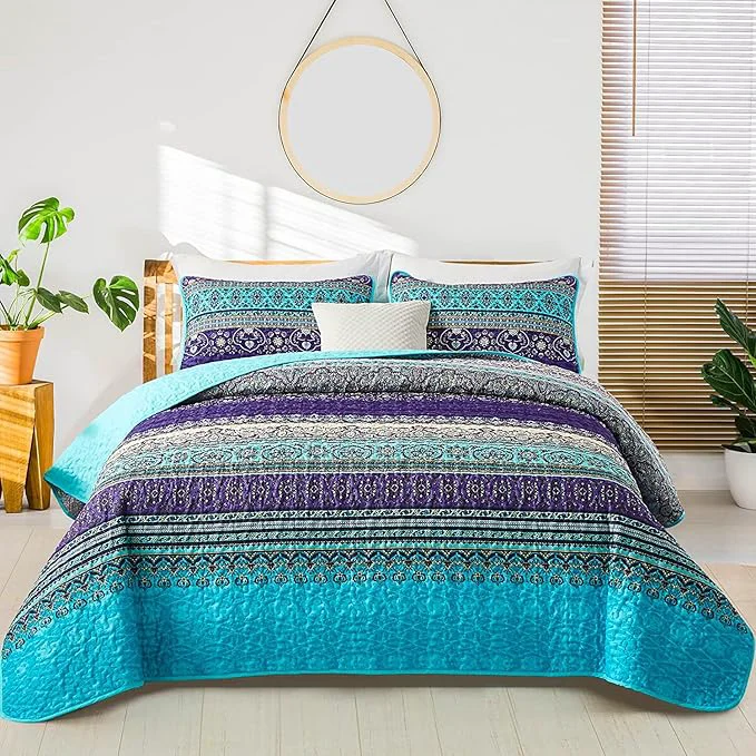 Long-Lasting WONGS BEDDING Boho Quilt Set California King Lightweight Microfiber Bed Decor Safe