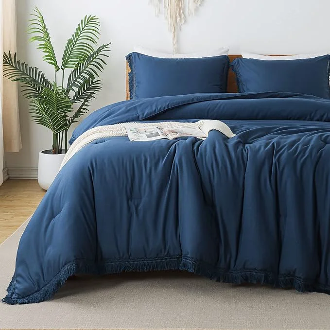 Fast Andency Navy Blue Comforter Set California King 3 Pieces Boho Tassel Carefully Designed