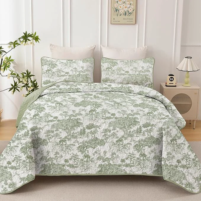 Solid WONGS BEDDING Botanical Quilt Set Full Size Sage Green 3 Pieces Toile Floral Clean