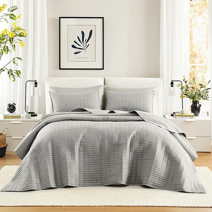 Original Design Comfort Spaces Grey Oversized Queen Quilt Set 102 x118 Bedspread Quilted Smart