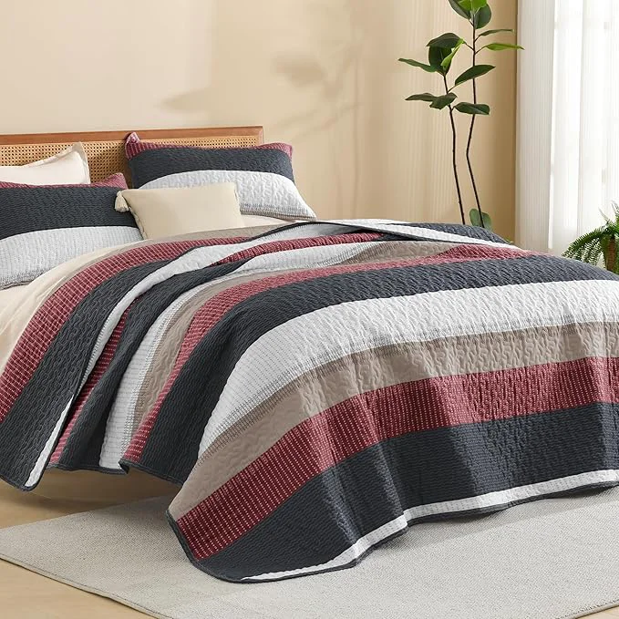 Minimalist Litanika Quilt Queen Size Black and Red Stripe Patchwork Summer Bedspread Reliable