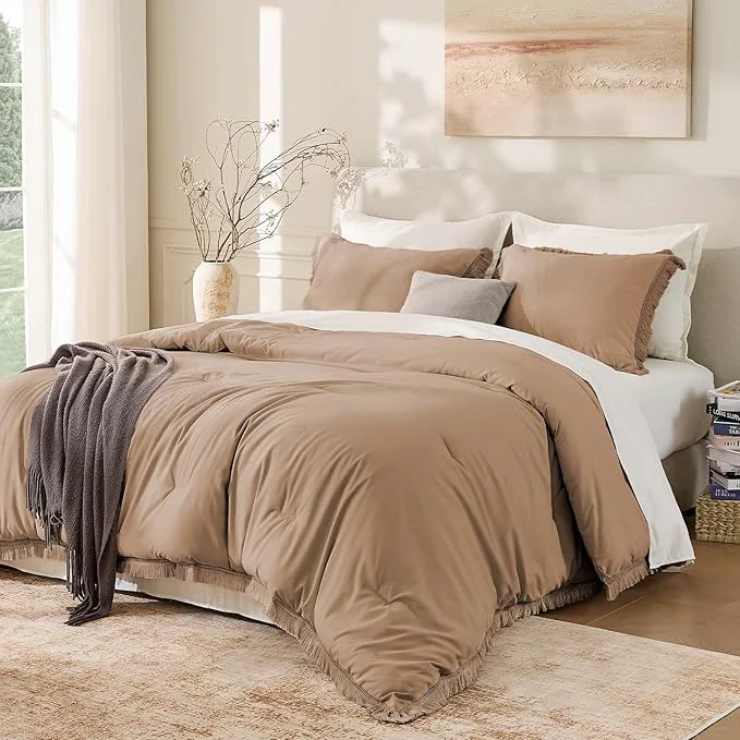 Refined Andency Taupe Comforter Set King Size 3 Pieces Boho Tassel Lightweight Bedding Relaxed
