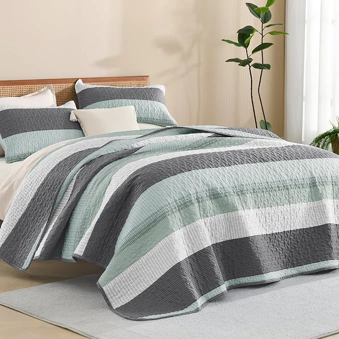 Fine Crafted Litanika Oversized Queen Quilt Set Sage Green 98×98 Stripe Bedspread Coverlet Relaxed