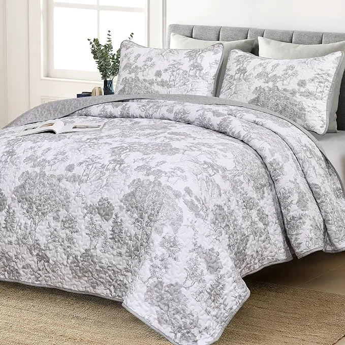 Original WONGS BEDDING Grey Quilt Set Full Size 3 Pieces Botanical Bedspreads Set Secure