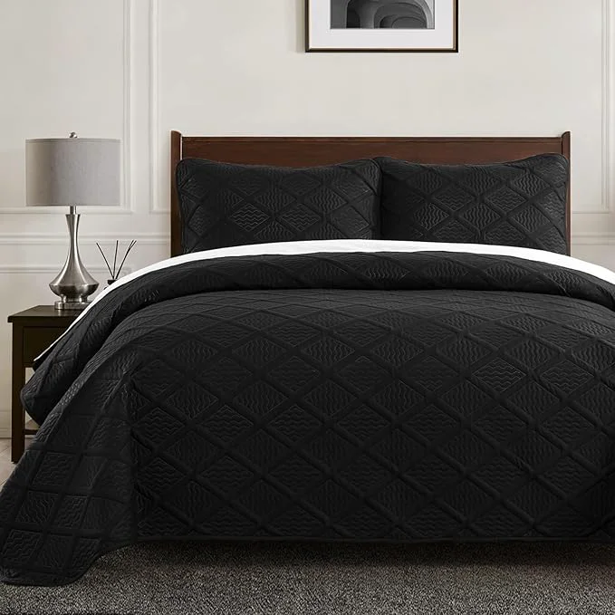 Long-Lasting Yiran Black Quilt Set King Size Bedding Set Fall Bedspreads Embossed Diamond Reusable