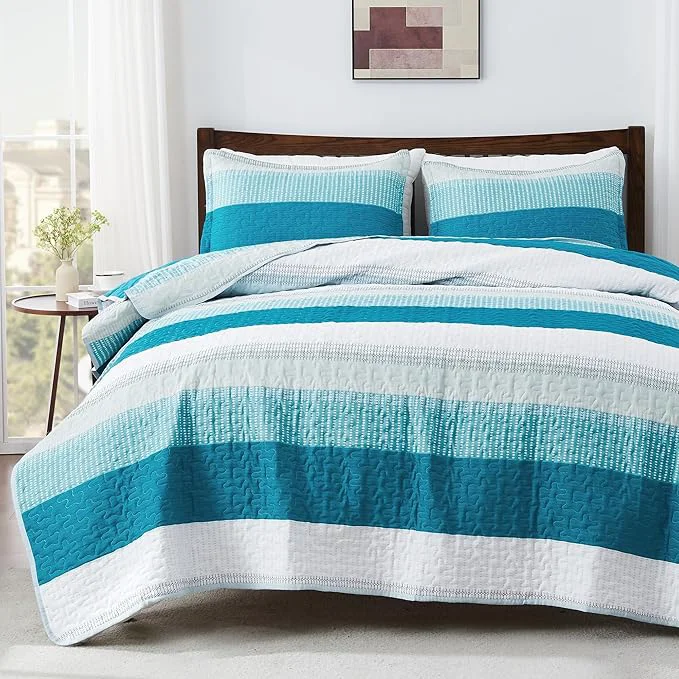 Dependable Andency Teal and White Striped Quilt King 3 Pieces Patchwork Bedspread Authentic
