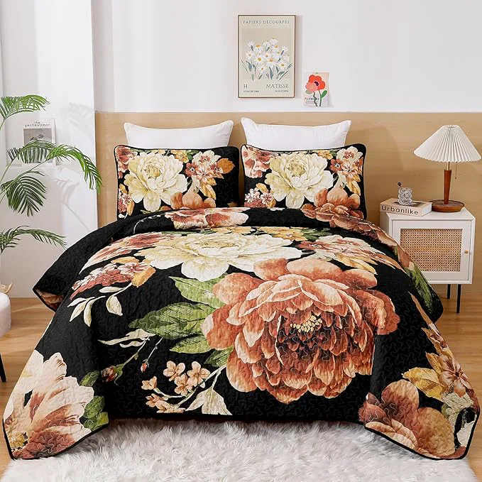 High-End WONGS BEDDING Black Boho Floral Quilt Set King 3 Pieces Elegant Gold Flower Lightweight