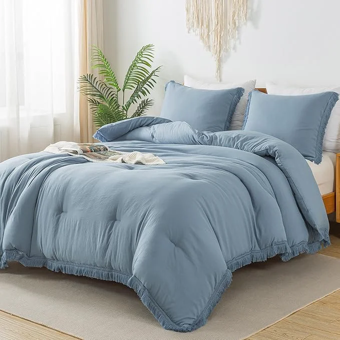 Environmentally Friendly Andency Grayish Blue Comforter Set California King 3 Pieces Boho Tassel Clean