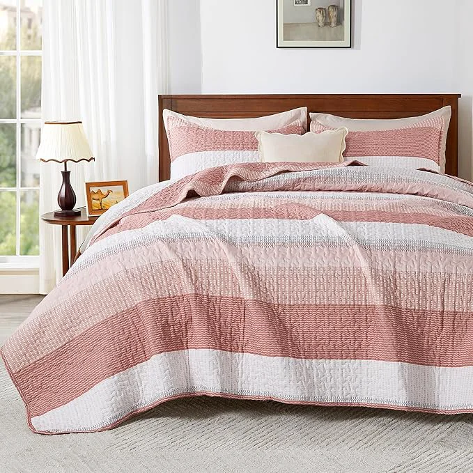 Trendy Andency Queen Quilt Bedding Set Blush Pink 3 Pieces Patchwork Summer Striped Healthy