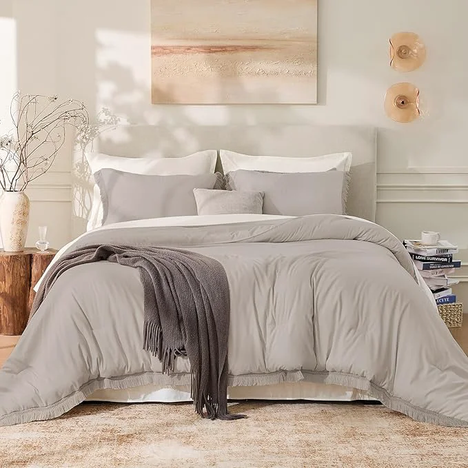 Stylish Andency Queen Comforter Set Heather Grey 3 Pieces Boho Fall Tassel Lightweight Comfortable