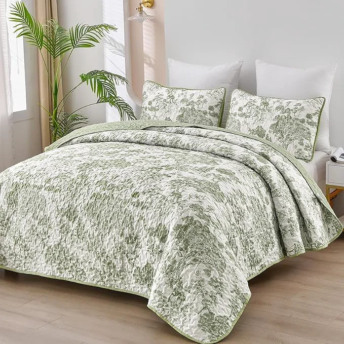 Elegant WONGS BEDDING Botanical Quilt Set King Sage Green 3 Pieces Toile Floral Plants Eco-Friendly