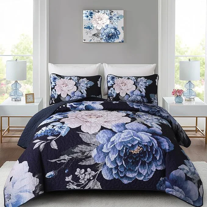 Minimalist WONGS BEDDING Navy Boho Floral Quilt Set Queen Elegant Blue Flower Bedspread Top-Quality