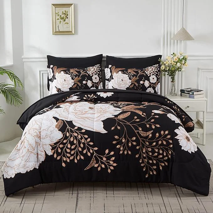 Versatile Yogeneg 5 Piece Bed in a Bag Twin Size Comforter Set Botanical Floral Bedding Detailed
