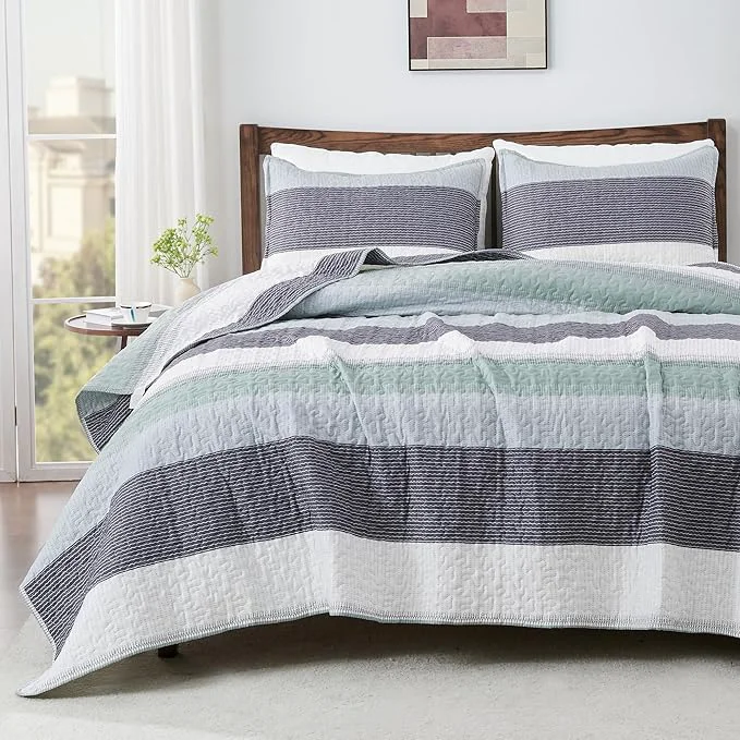 Environmentally Friendly Andency Oversized King Quilt Set Sage Green 120×120 Stripe Super King Functional