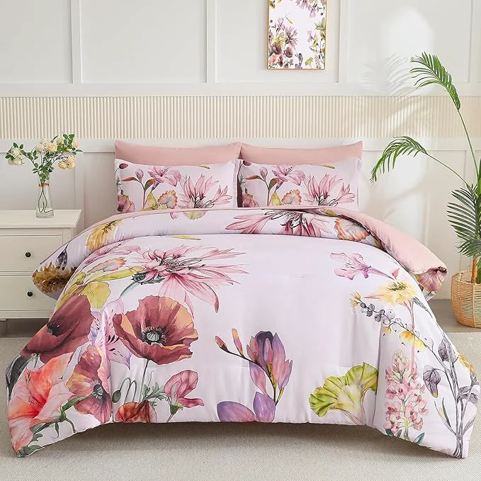 High-Quality Yogeneg King Size Comforter Set 7 Piece Bed in a Bag Elegant Floral Botanical Safe