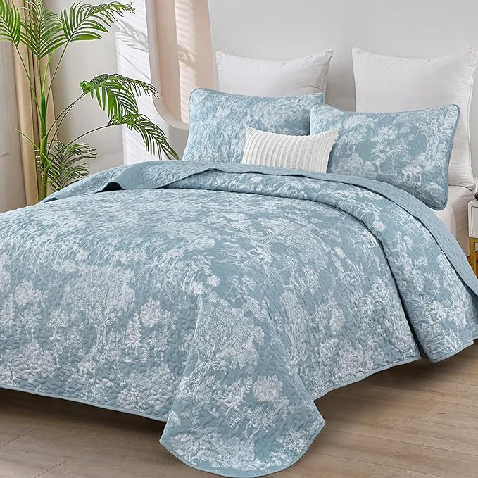 Luxury WONGS BEDDING Botanical Quilt Set King Size Aqua 3 Pieces Toile Floral Plants Long-Lasting