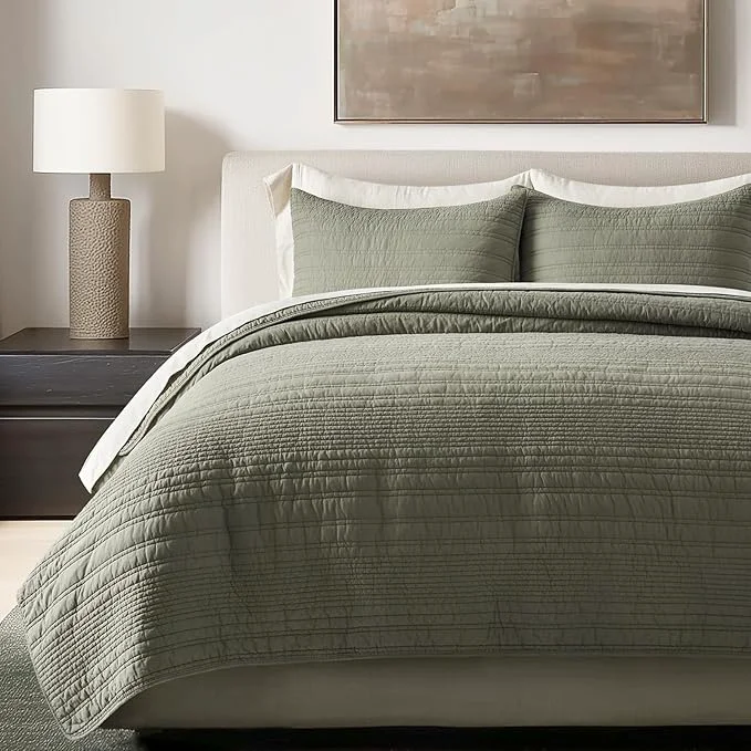 Environmentally Friendly EVERGRACEHOME Cotton Modern Lines Quilt Set Queen Size Pre-Washed Soft Selected