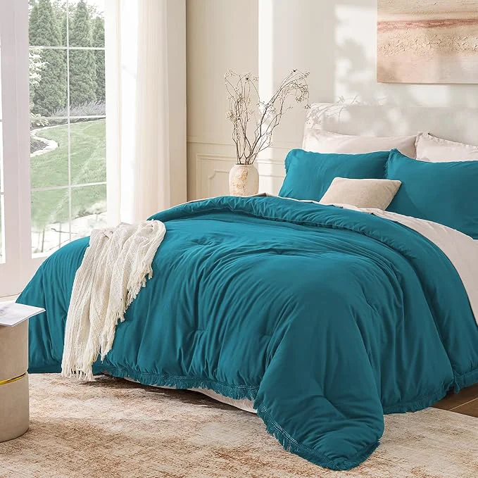 Sustainable Andency Turquoise Comforter Set Full Size 3 Pieces Boho Teal Tassel Eco-Friendly