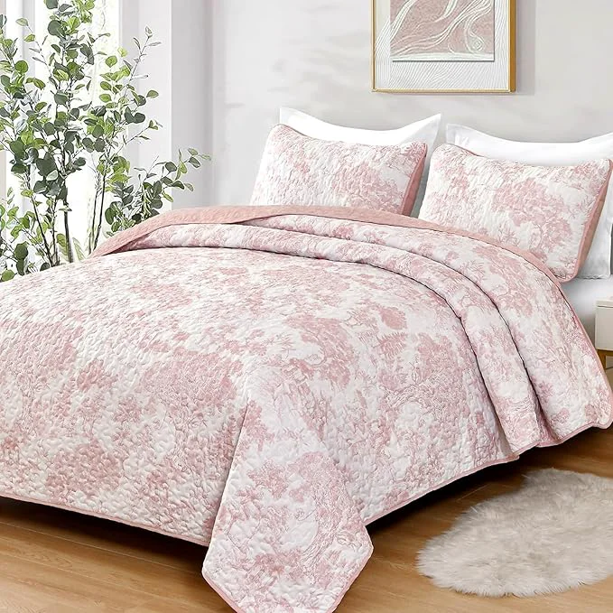 Prestigious WONGS BEDDING Quilt Set Queen Size 3 Pieces Pink Floral Plants Printed Advanced