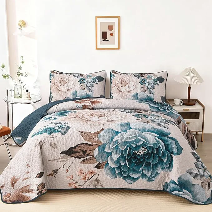 Flexible WONGS BEDDING Aqua Floral Quilt Set King 3 Pieces Reversible Lightweight Prestigious