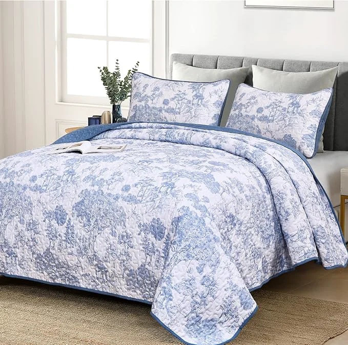 Breathable WONGS BEDDING Blue Quilt Set King Size 3 Pieces Botanical Bedspreads Set High-End