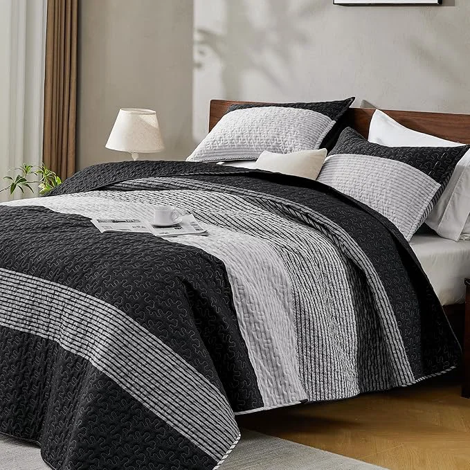 Artisan Andency Black Quilt Twin 2 Pieces Black and White Patchwork Striped Bedspread Durable