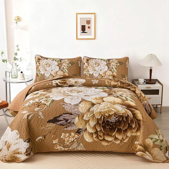 High-Quality WONGS BEDDING Floral Quilt Set Brown Queen Quilted Printed Lightweight Elite