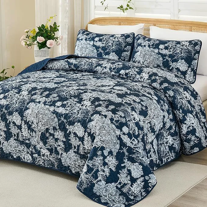 Consistent WONGS BEDDING Quilt Set Queen Size 3 Pieces Navy Blue Floral Plants Printed Soft
