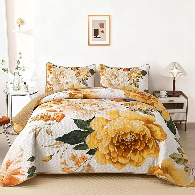 Responsible WONGS BEDDING Floral Quilt Set Yellow Queen Quilted Printed Lightweight Traditional