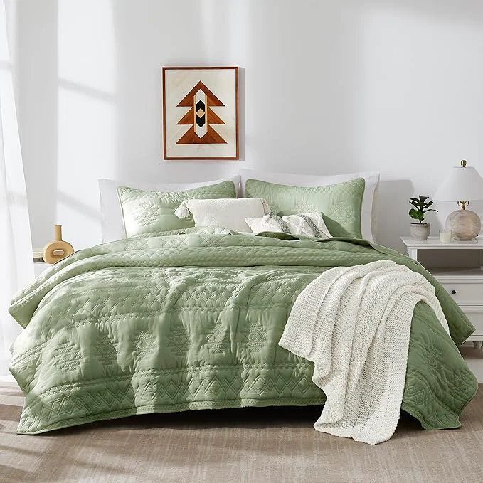 Traditional WDCOZY Boho Sage Green Oversized California Cal King Size Quilt Bedding Sets Premium