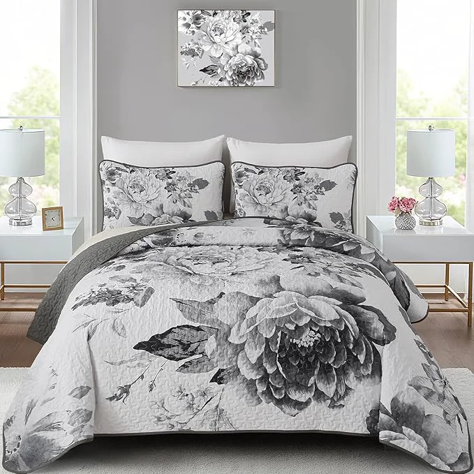 Crafted WONGS BEDDING Grey Boho Floral Quilt Set Queen Elegant Gray Flower Bedspread Exclusive
