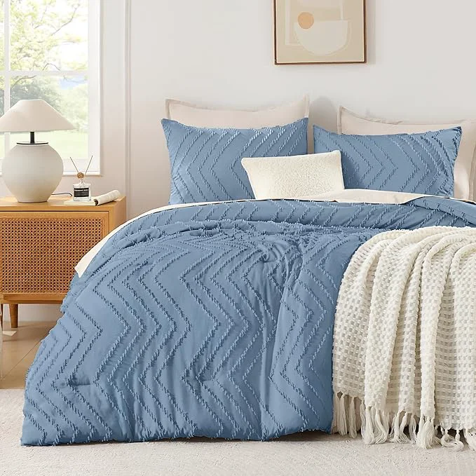 Smooth Andency Greyish Blue Comforter Set King Size Boho Soft Warm Tufted Bedding Original Design