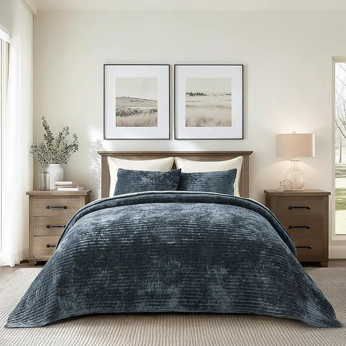 Contemporary EVERGRACE Velvet Quilt Set King Size Luxurious Soft Striped Channel Bedding Set Exceptional